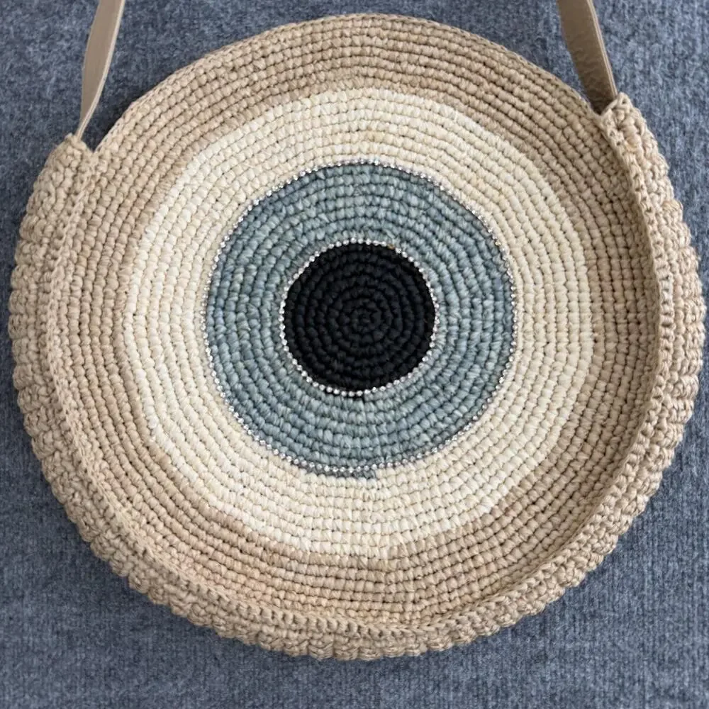 Skemo Round Straw Shoulder Bag Large Beige Evil Eye Rhinestone Boho Beach